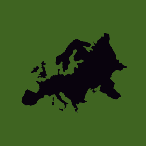 Silhouette map of Europe highlighting coastlines and peninsulas against olive-green background.