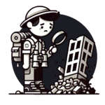 Monochrome illustration of a curious explorer analyzing a collapsed building with a magnifying glass.