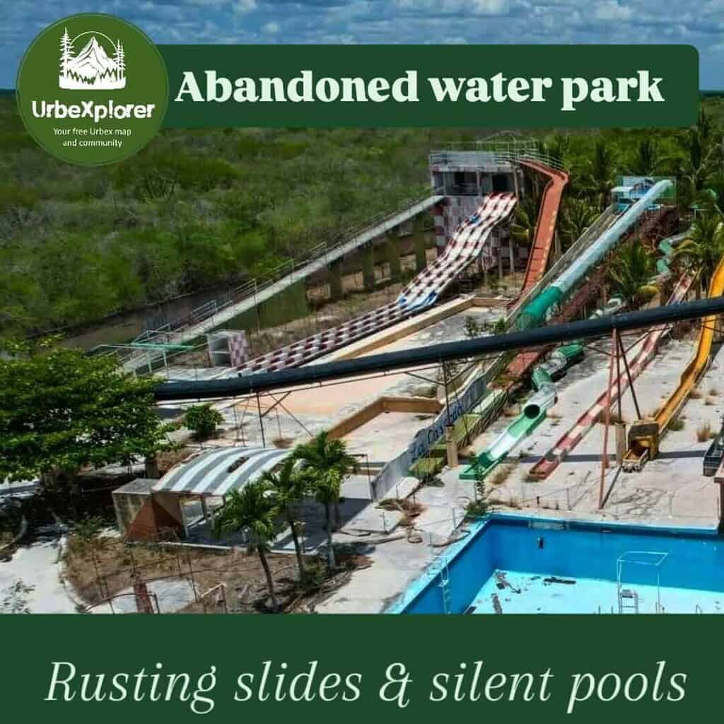 Aerial view of an abandoned water park with overgrown slides and empty pools in lush greenery.