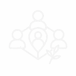 Network icon with human figures, symbolizing community, growth, and interaction, on black background.