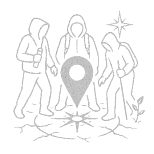 Hooded figures explore map pin, symbolizing urban exploration and discovery.