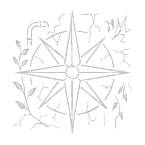 Exploration compass: nature, industrial themes intertwined; urbexing adventure symbolism.