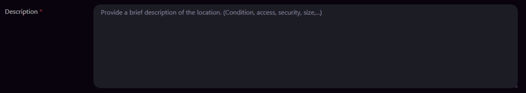 Urban exploration form interface for detailed location descriptions.