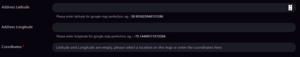Dark UI for inputting precise Google Maps coordinates: latitude and longitude fields for urbex locations.