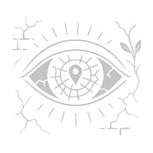 Eye compass icon symbolizing exploration, navigation, urban decay, and natures resilience in urbexing.