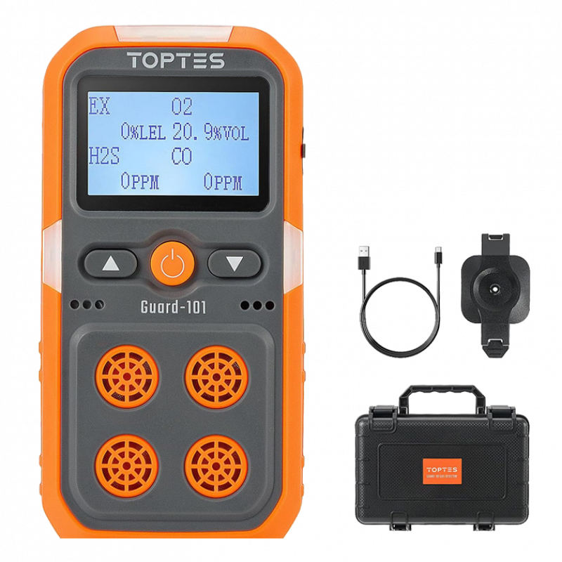 Portable gas detector kit with LCD display for O2, CO, H2S, EX readings.