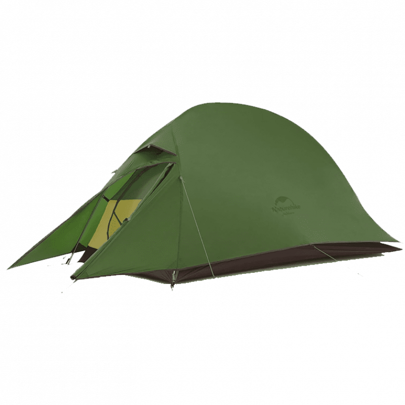 Green dome camping tent with vestibule, ideal for forest outdoor activities.