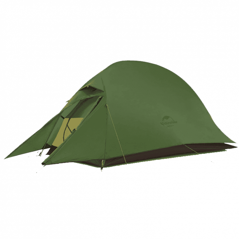 Green dome camping tent with vestibule, ideal for forest outdoor activities.