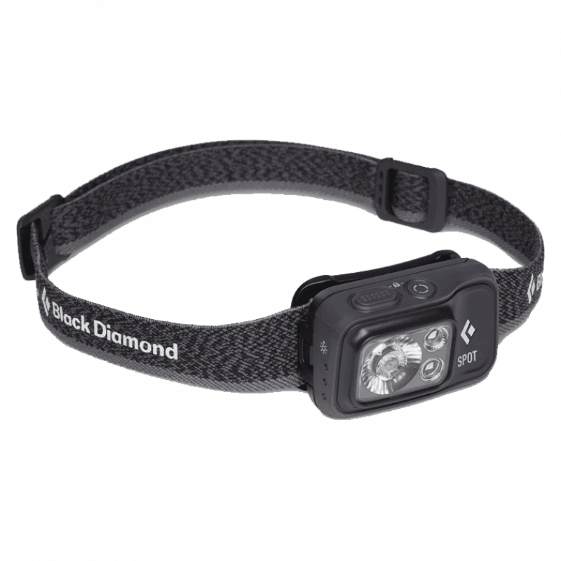 Black Diamond headlamp with adjustable strap, featuring durable design and versatile LED lighting.